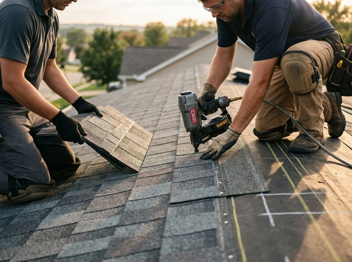 Professional roofer working on a residential roof in Kentfield